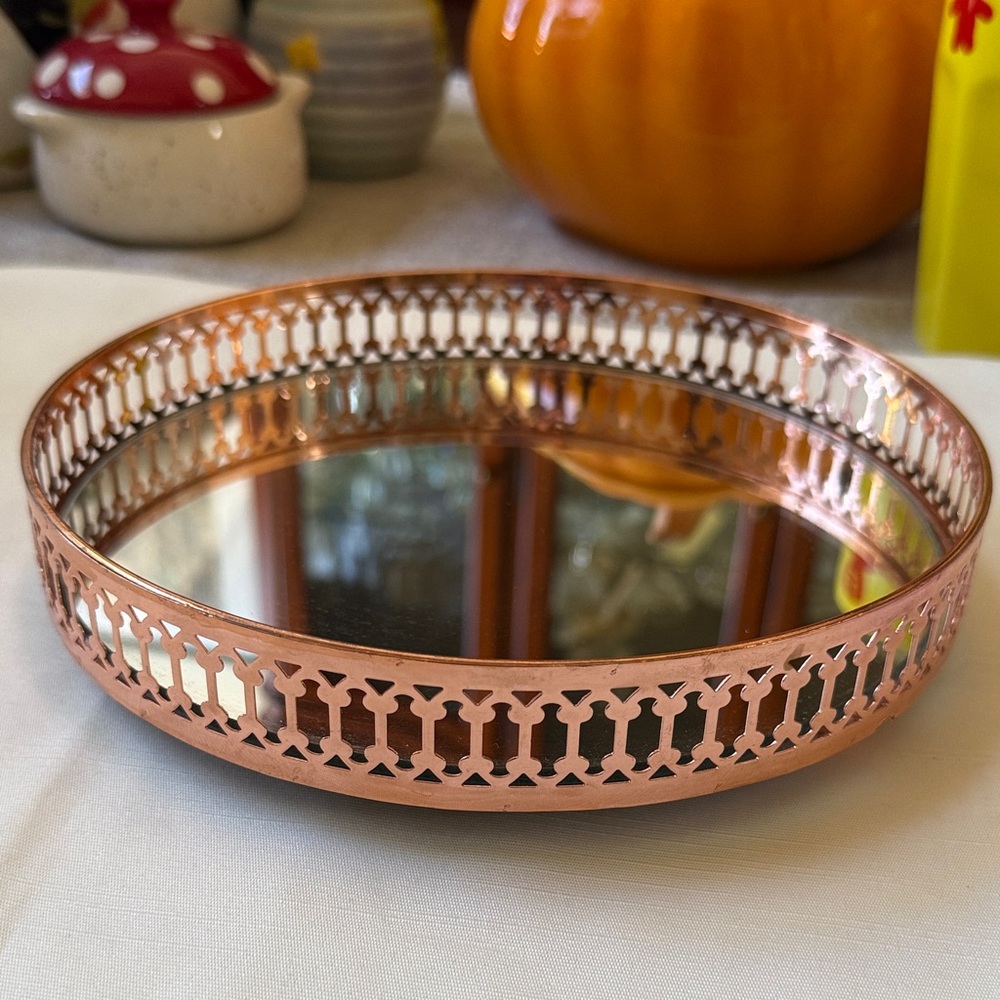 Copper Rose Gold pierced metal Decorative Tray with Mirror Base 8”